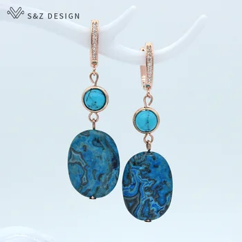 

S&Z New Unique Square Blue Stone Dangle Earrings 585 Rose Gold Temperament Europe America Eardrop Women Fine Fashion Jewelry