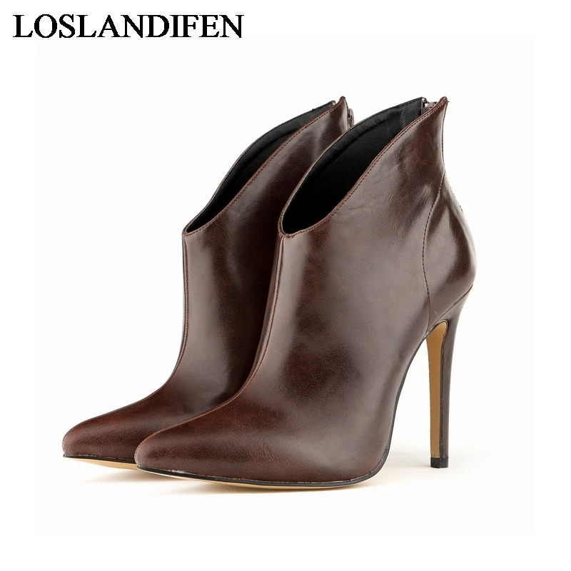 

New 2018 Fashion Ankle Boots Women Thin High Heels Autumn Winter Pigskin Leather Black Martin Pointed Toe Shoes NLK-C0088