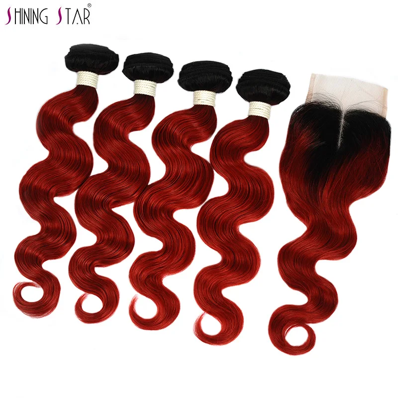 Ombre Red Body Wave bundle s с закрытием 4 малайзийские 1B 99J бордовые пучки с закрытием человеческих волос Weft 10-26 Nonremy расширение