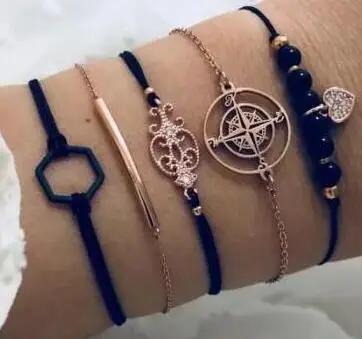 

622Bohemia 5pcs Set Drills Heart Geometric Personality Multielement Bracelet Adjustable Opening Bangle Bijoux Jewelry Gift B3186