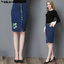 Летняя женская джинсовая юбка с разрезом, Облегающие юбки, винтажная высокая талия, пуговица для юбки, вышивка, повседневная женская джинсовая юбка, суженная книзу