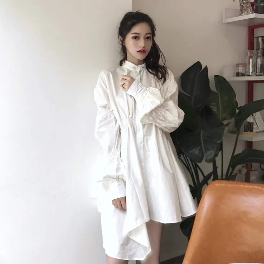 

Sweet Girl White Shirt Dress Lantern Sleeve Fashion Short Dress Sexy Fashion Robe Femme Vestido Mujer Vestiti Donna
