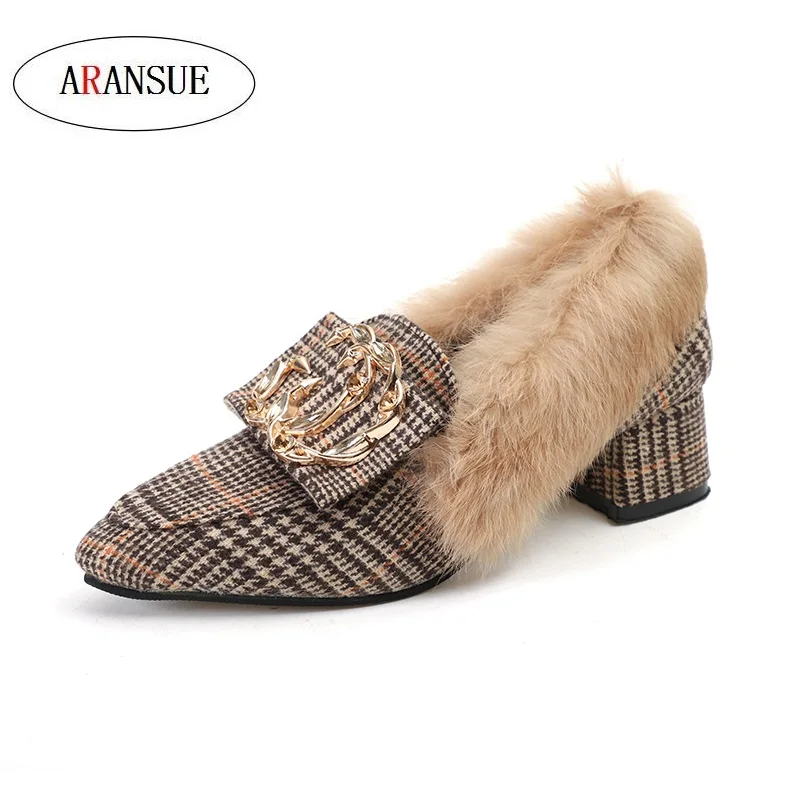 

ARANSUE Women autumn and winter 2018 shoes Korean pointed toe heels metal clasp pumps with rabbit's hair mules free shipping