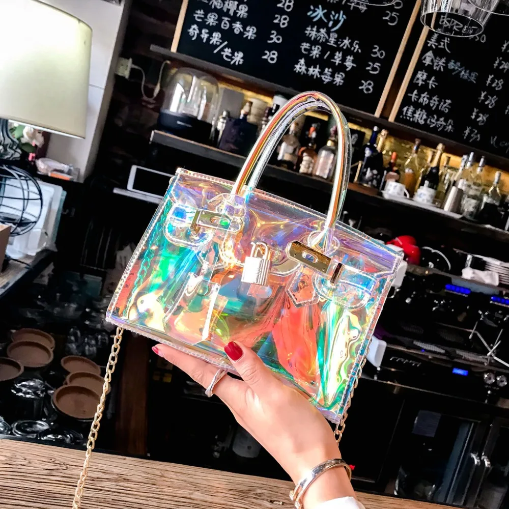 

2019 Hot laser shoulder bag Women Transparent Bag PVC Jelly Small Square Bag gold chain Crossbody Bag tote Female Lady sac