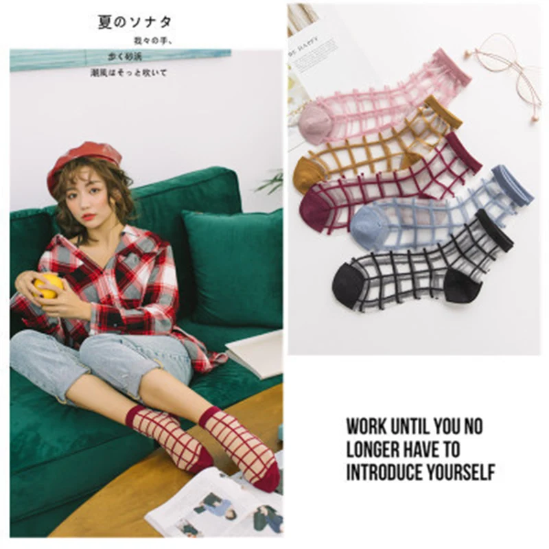 

Fashion 2019 Japanese Harajuku Style Female Long Socks Lattice Ultra-thin Transparent Breathable Glass wire Fabric Funny S