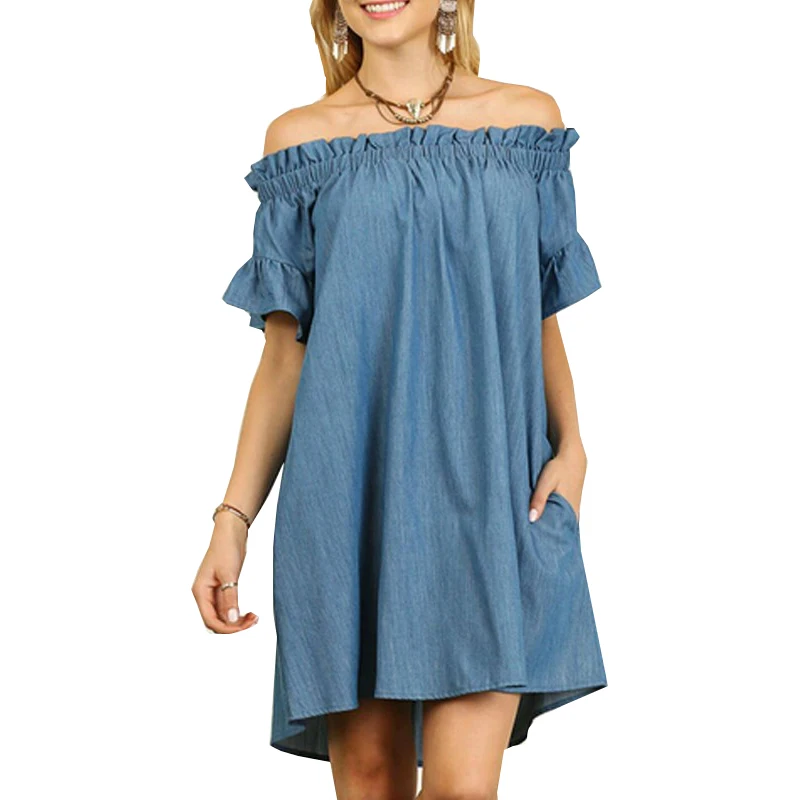 

Women summer dresses 2019 AliExpress new fashion casual sexy solid color slash collar denim dress Vestidos dropshipping KF1222