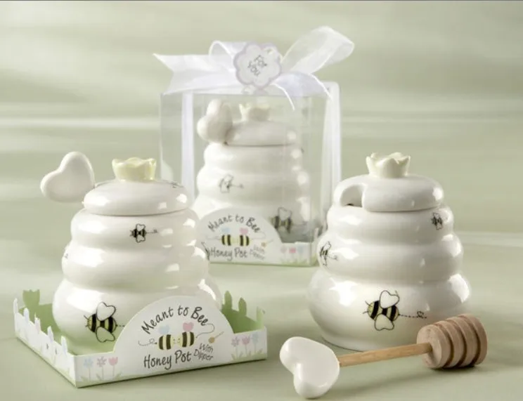 

30sets/lot wedding favor and giveaways -- "Meant to Bee" Ceramic Honey Pot with Wooden Dipper party favors