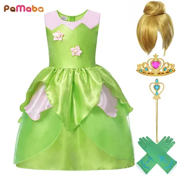 

PaMaBa Kid Pixie Fairy Tinkerbell Halloween Cosplay Costume Girls Green Summer Party Clothes Princess Tinker Bell Dress with Wig