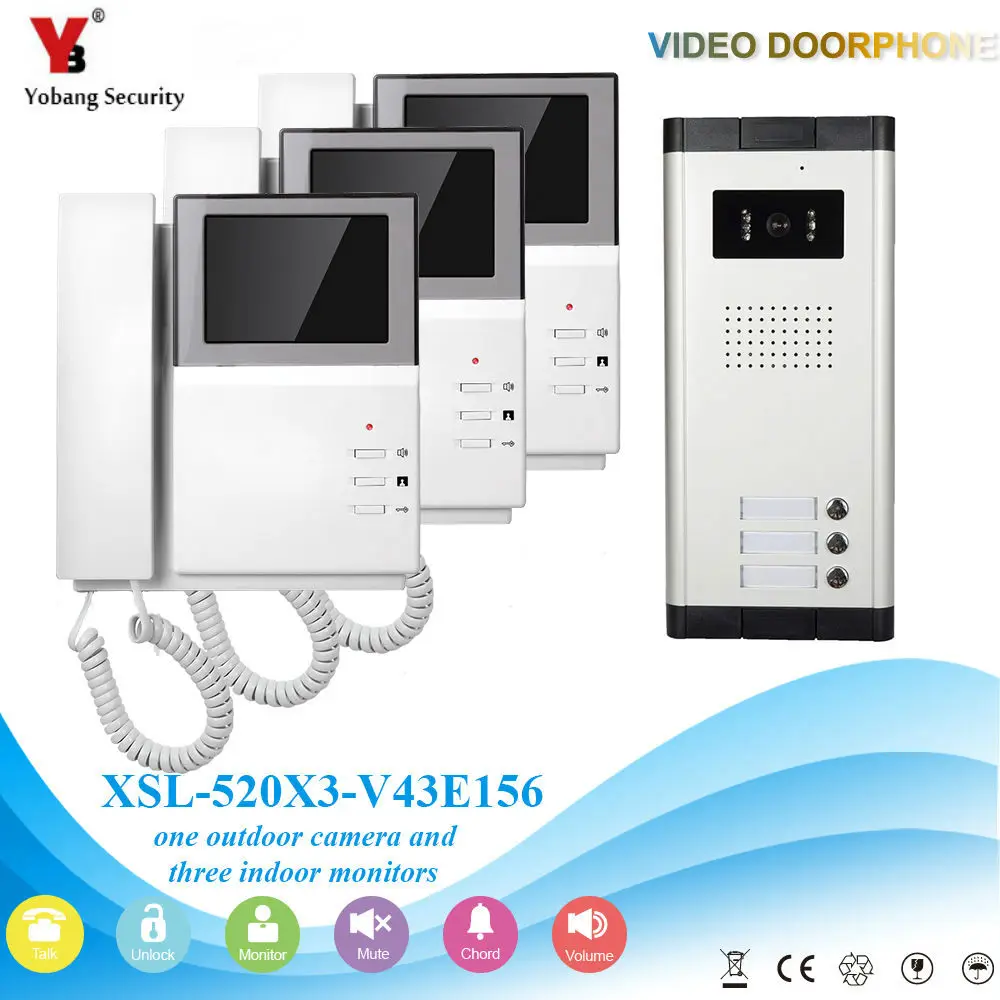 Yobang Security 4.3\ 3 Units Building Access Control System Video Doorphone Intercom Doorbell Kits For Apartment Villa House