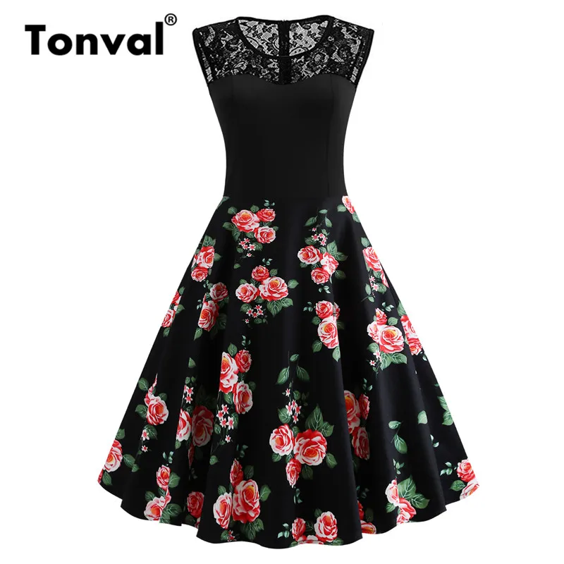 Tonval, винтажное платье трапециевидной формы с цветком пиона размера плюс, женские элегантные летние вечерние платья с контрастным кружевом в стиле ретро, черное платье - Цвет: floral 2