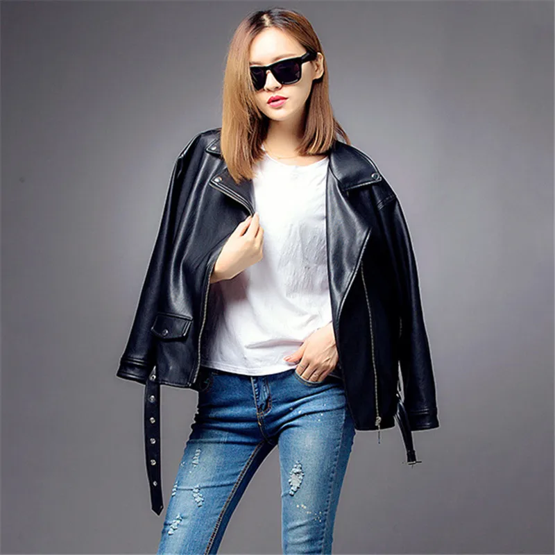 

Korean Style High Quality PU Moto Women Jacket Fashion Loose Bomber Parka Plus Size BF Ladies Black Casual Jacket