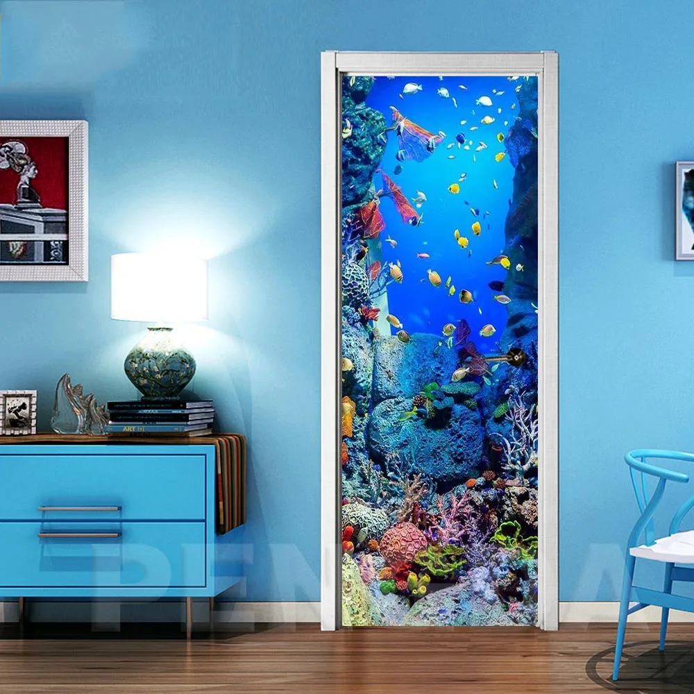 Billige 3D Selbst Klebe Wand Kunst Aufkleber Auf Fisch Bottom Welt Tür Neue Aufkleber Für Home Tür Dekoration Renovierung Drucken Leinwand bild
