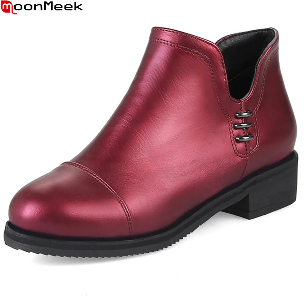 

MoonMeek 2018 fashion women boots white red green autumn winter boots zipper round toe square heel ankle boots big size 32-47