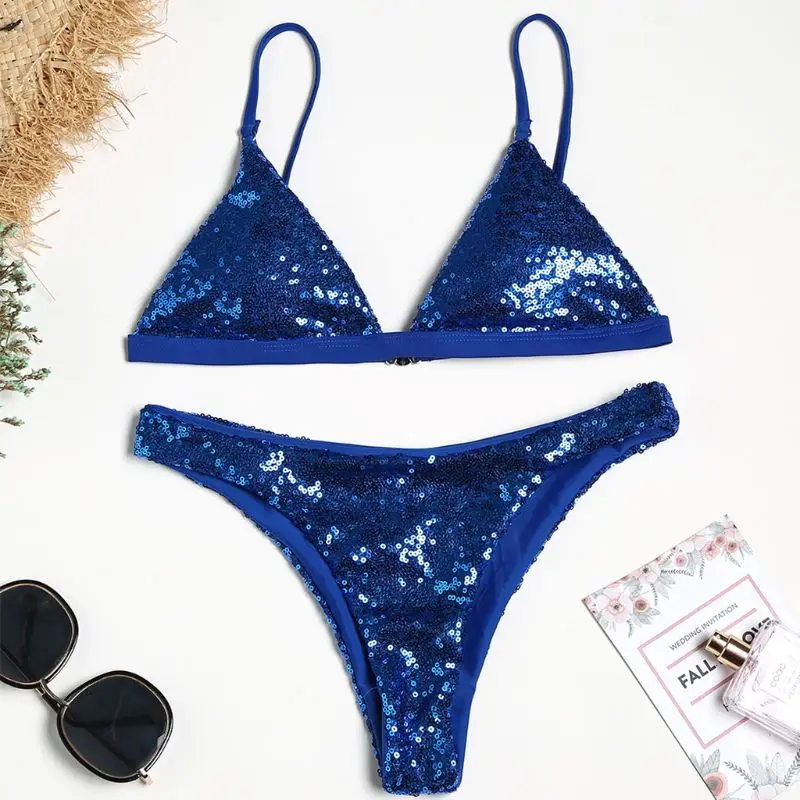 

2019 Bikini Set Women Sexy Adjustable Spaghetti Strap Triangle Bra Low Waist Thong Glitter Round Sequins Push Up Padded Swimsuit