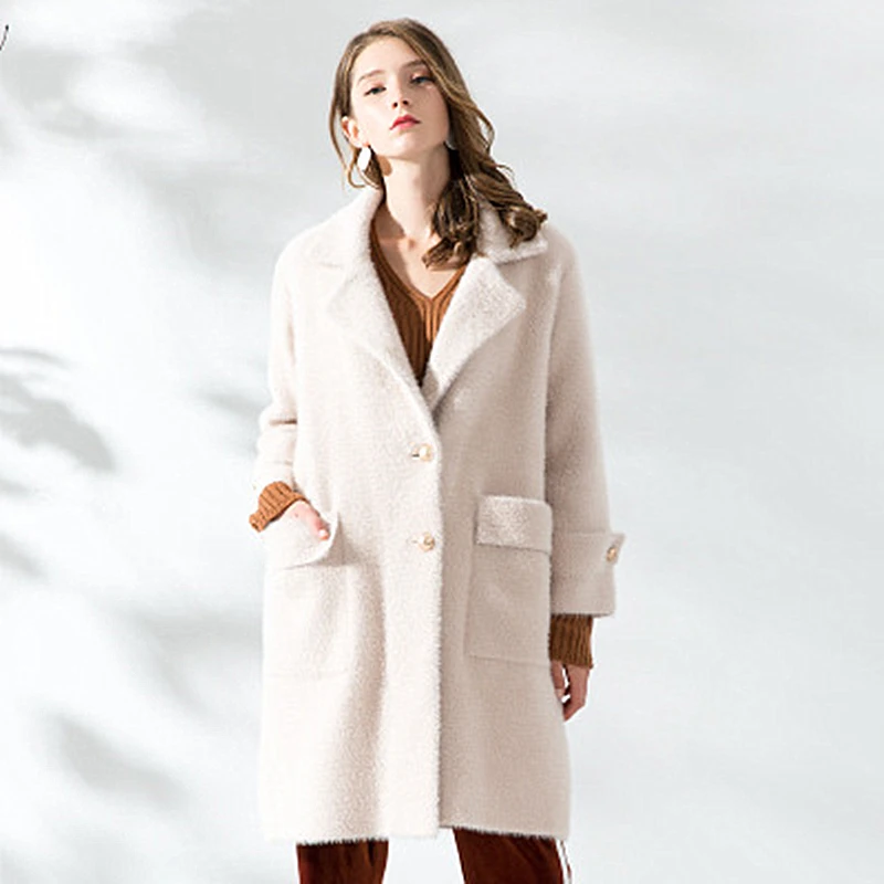 

Loose Thick Woolen Coat Female Models 2018 New Knitted Faux Velvet Coat Casual Loose Long Plush Solid Color Suit Collar