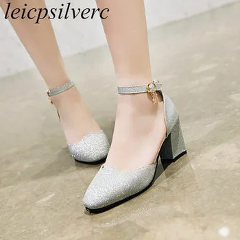 

Women's Pumps High Heel Square Toe Buckle Sequined Cloth Thick Heel Spring Autumn 2019 New Sexy Fashion Casual Big Size 34-43