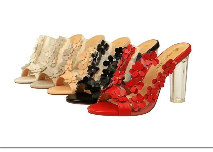 

Moraima Snc 2019 Open Toe Clear Crystal Strange Heels Peep Toe White Black Lady Elegant Slipper Flower Slides Woman Shoes Summer