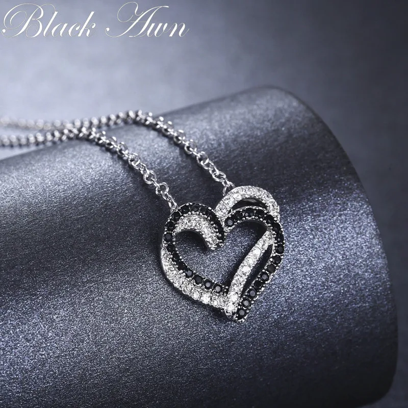 Silver Necklace Fine Genuine 100% 925 Sterling Silver Necklace Women Jewelry Heart Black&White Stone Pendants P107 - Image 5