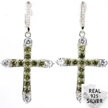 

Real 10.3g 925 Solid Sterling Silver Classic Long Cross Green Peridot CZ Present Earrings 53x27mm