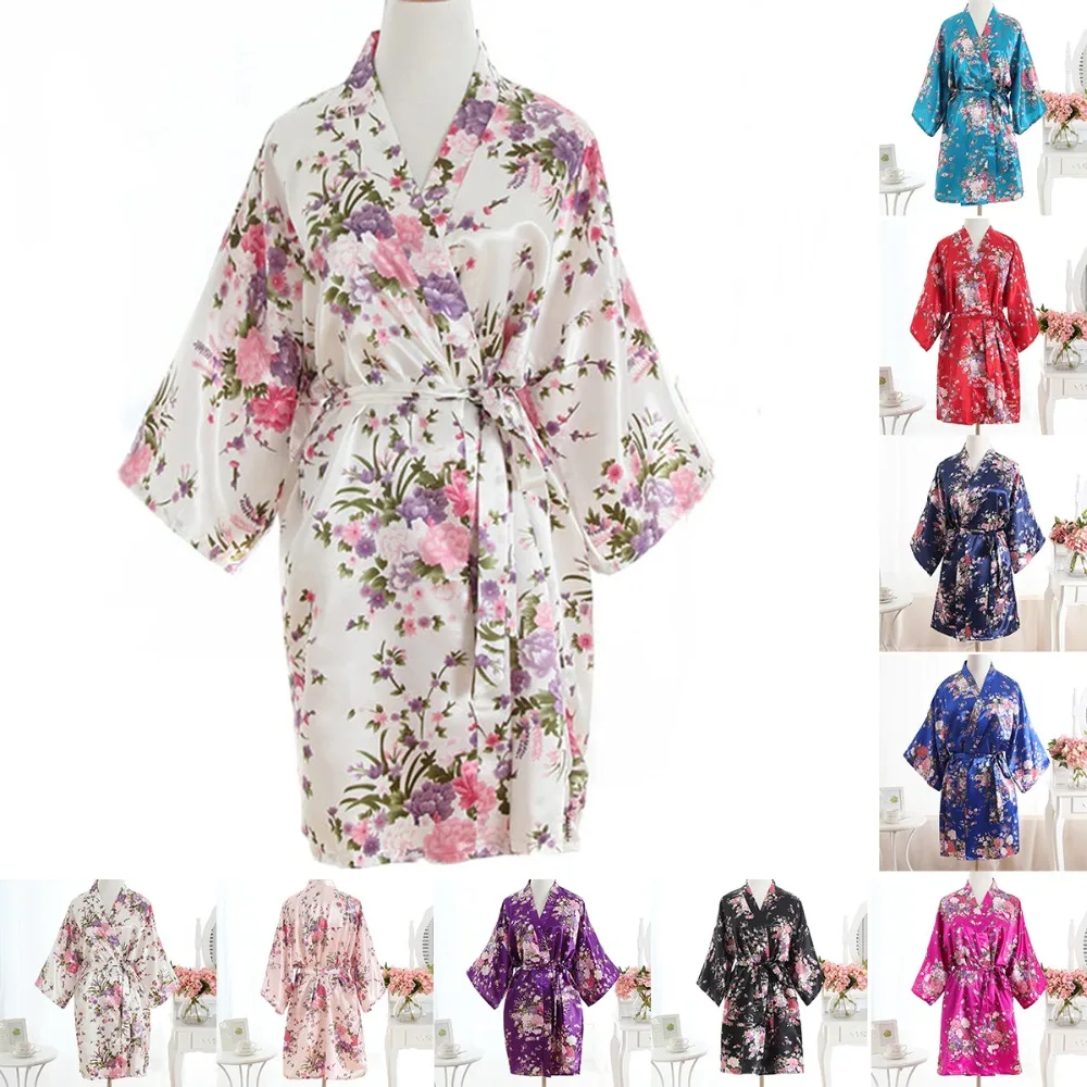 Puseky Шелковый Атласный цветочный Вишневый халат для свадьбы, невесты, подружки невесты пижамы Короткое Кимоно халат ночная ванна халат для женщин
