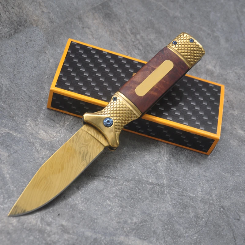 

Damascus Hunting Tactical Folding Knife Camping Survival Pocket Knives Titanium Wood Handle Combat Utility Multi EDC Tools