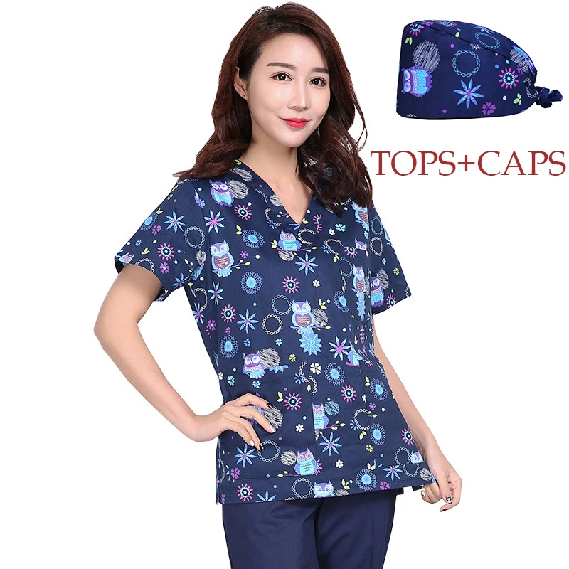

Veterinary Uniforms Scrub Tops Medical Scrubs Blue owl Print Pet Doctor Dental Shirt + hat Cotton