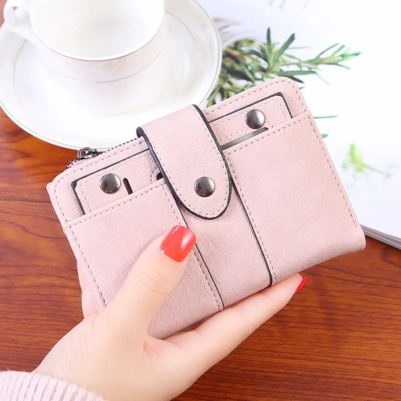 

Summer New 2019 Short style PU leather Retro Frosted female Student Three fold Purse rivet Hasp zipper coin purse