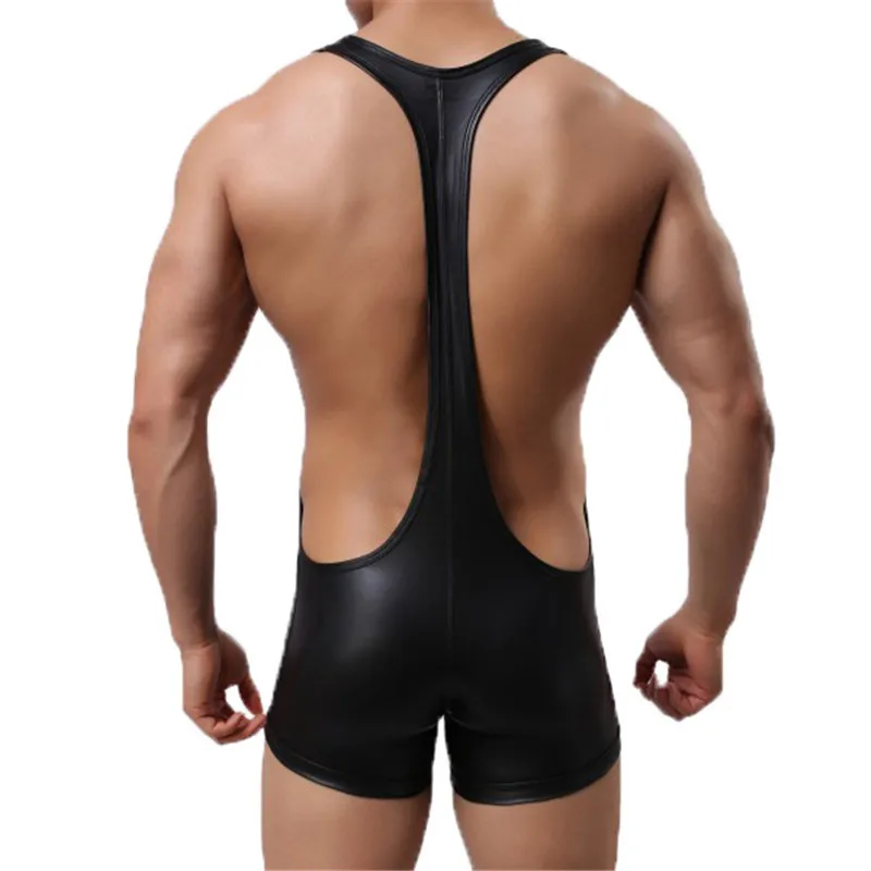 WOXUAN Stretch Tight Unitard Leotard Sexy Men's Faux Leather Bodysuit Boxers Jumpsuits Wrestling Singlets Lingerie Gay Jockstrap