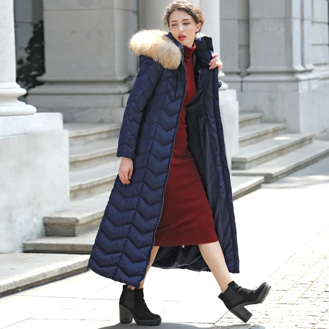 Best price at $138 Cheap 2016 S-3XL Fur Hood Plus Size Winter Parka Women Slim Cut Belted X Long Jacket Zipper Fly Warm Overcoat Blue