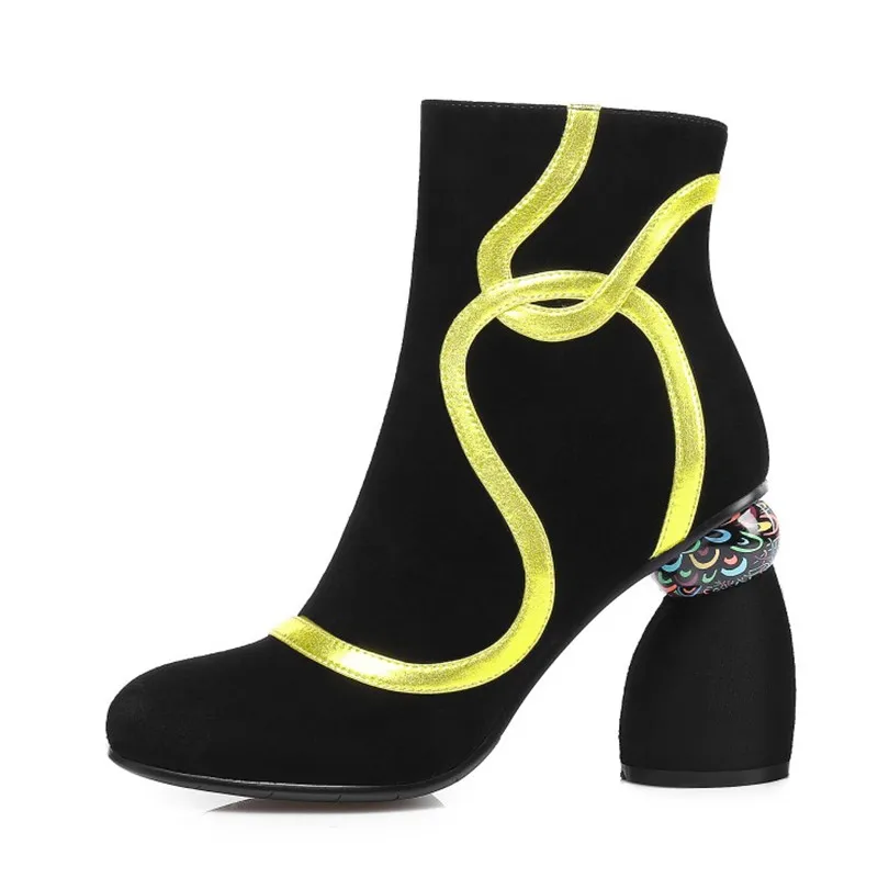 Черные замшевые женские зимние ботинки с круглым носком; bottine femme; обувь на высоком квадратном каблуке; Модные женские ботильоны; botines mujer - Цвет: Черный