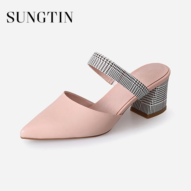 

Sungtin Women Elegant Slingbacks High Heels Casual Mules Genuine Leather Pointed Toe Chunky Heels Lady Shoes Summer Pumps
