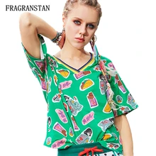 Для женщин сезон: весна–лето v-образным вырезом Зеленый короткий рукав Футболка женская мода для девочек с героями мультфильмов, футболка с принтом Повседневная Женская свободного покроя Топ Q670