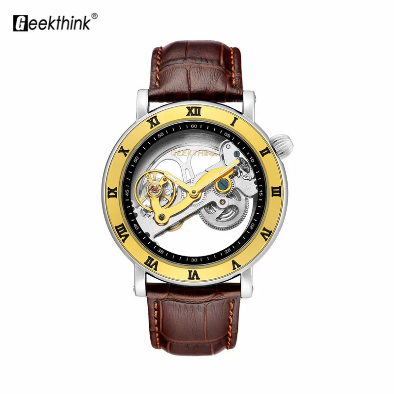 

Fashion Hollow Automatic Mechanical Watch Men Leather Strip Dial Wristwatch Leather Cuff Watches Waterproof Luxury Analog Watch