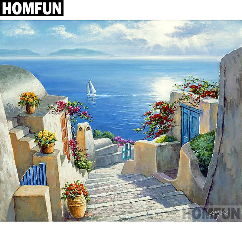 Картина HOMFUN с алмазной вышивкой приморский город алмазная картина полный