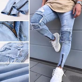 

jeans men Ripped Slim Fit Motorcycle Vintage Denim jeans plus size Hiphop style Streetwear long Pants hollow jeans masculina