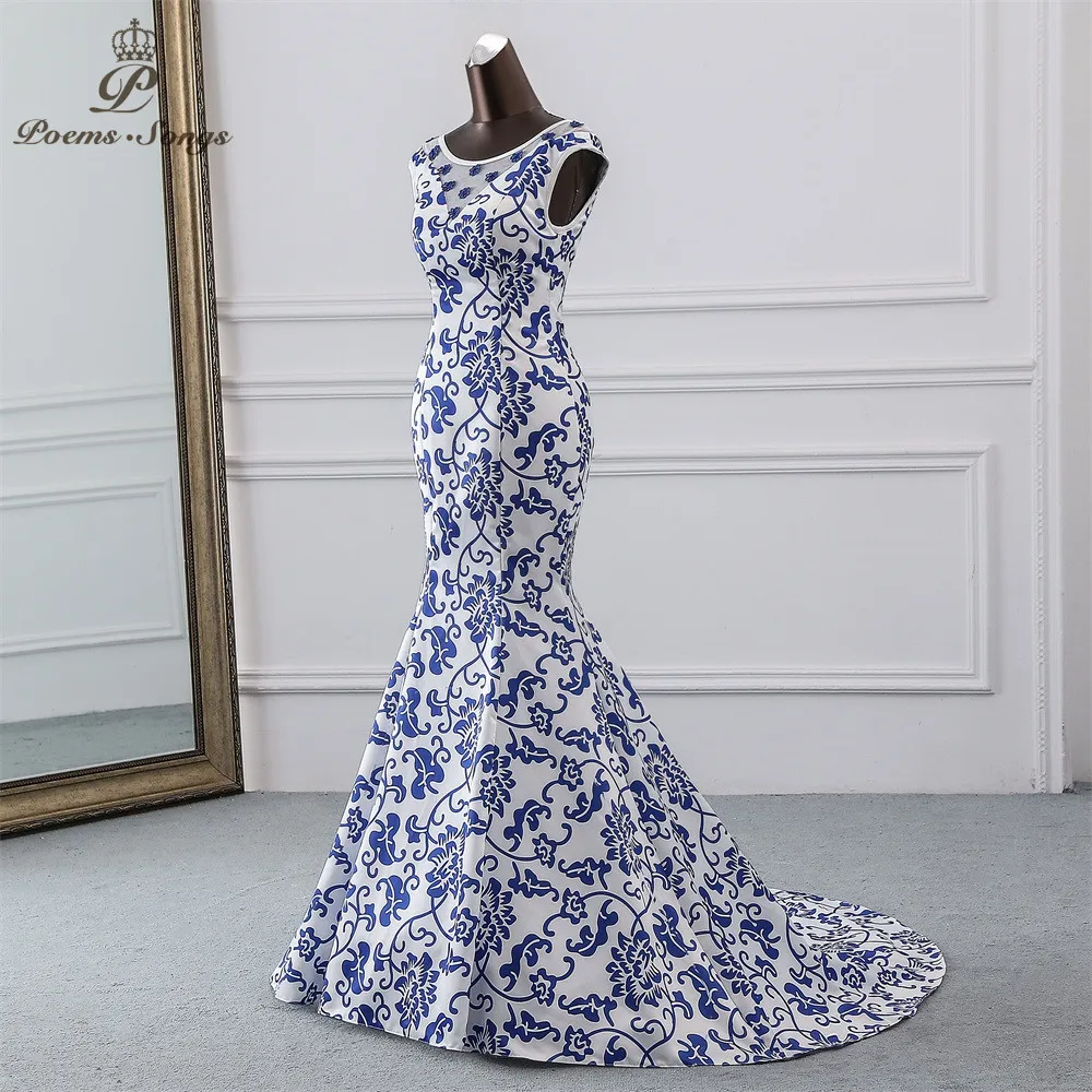 Poems Songs China evening dress blue flower elegant party dress mermaid dress evening gown robe longue soiree