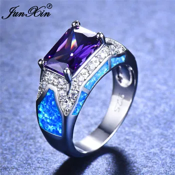 

2019 New Male Female Blue White Fire Opal Ring Silver Color Purple Rainbow Stone Engagement Ring Men Women Wedding Rings