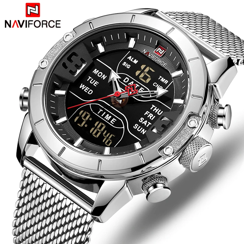 NAVIFORCE, люксовый бренд, мужские спортивные часы, мужские кварцевые, светодиодный, цифровые часы, мужские, полностью стальные, военные наручные часы, Relogio Masculino