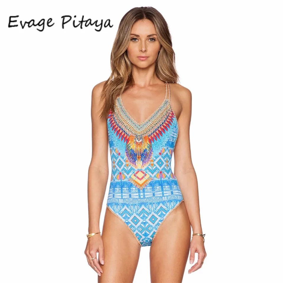 

2017 Sexy One Pieces swim suits sky blue printed Swimwear Bathing Suit Female Monokini Swimsuit women thong monokini swimsuits
