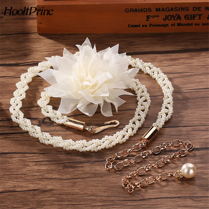 HoolttPrinc Elegant women pearl belts metal chain big flower belts black white pearl chain women fashion clothing accessories