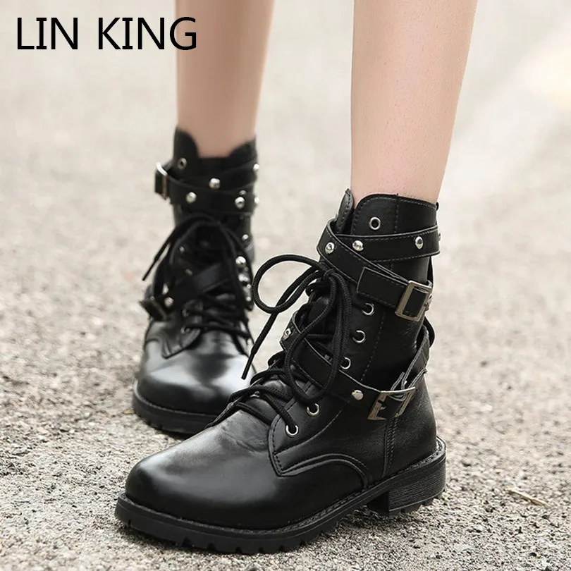 

LIN KING Retro Plus Size Women Round Toe Short Boots Punk Black Lace Up Motorcycle Boots Ladies Knight Boots Woman Army Boots