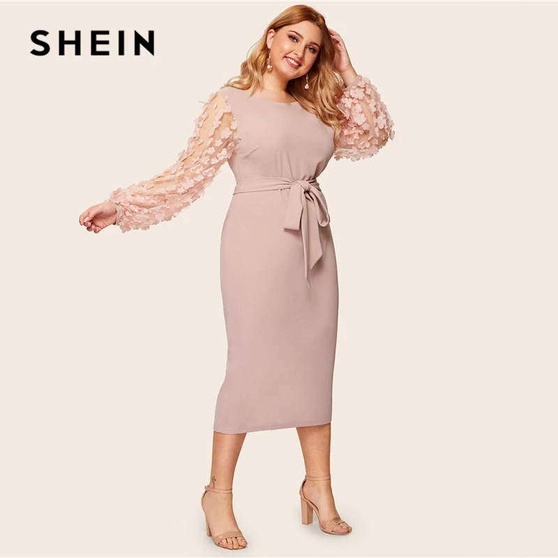 SHEIN Размера Плюс Платье Карандаш С Поясом Сетчатым Рукавом И 3D Вставкой 2019