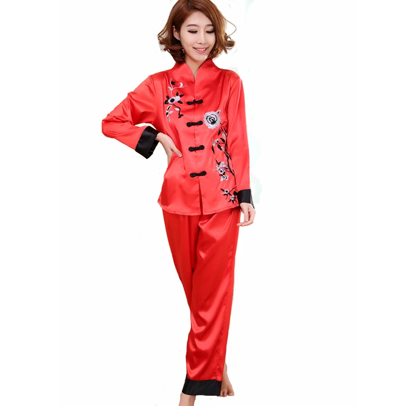 Hot Sale Red Chinese Style Women Silk Pajamas Set
