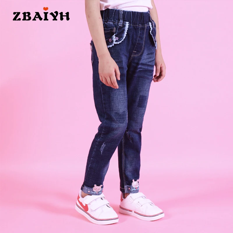 

Children Girls Denim Jeans Baby 2017 New Autumn Fashion Elastic Waist Pants Kids Casual Embroidery Cartoon Straight Trousers