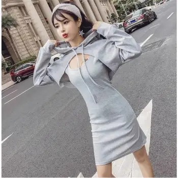 

2019 Autumn Winter Clothes Sets Fashion Sexy Solid Color Slim Tank Dress + Hooded Long Sleeve Top Sets