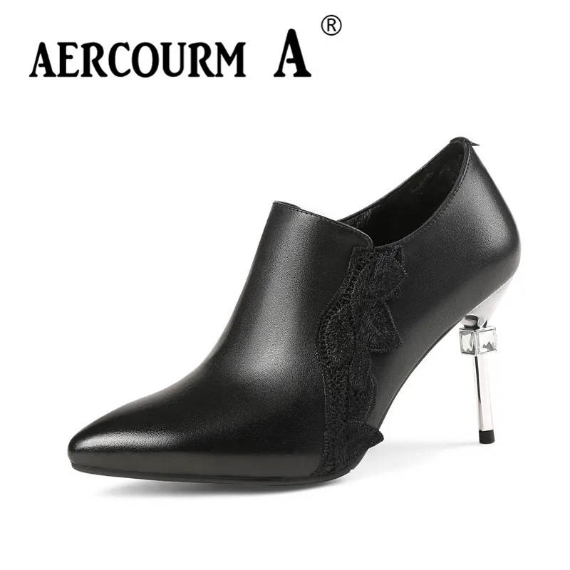 

Aercourm A 2018 Spring Women Pumps Shoes Cowhide Female High Heel Shoes Solid Pointed Lace Party Genuine Leather Shoes MLD185-3