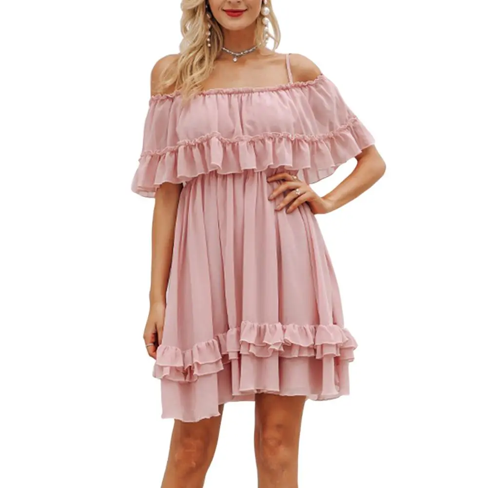 

Women Princess Dress Summer Dress Off-shoulder Pleated Chiffon Dress Lotus Leaf Sweet Dresses