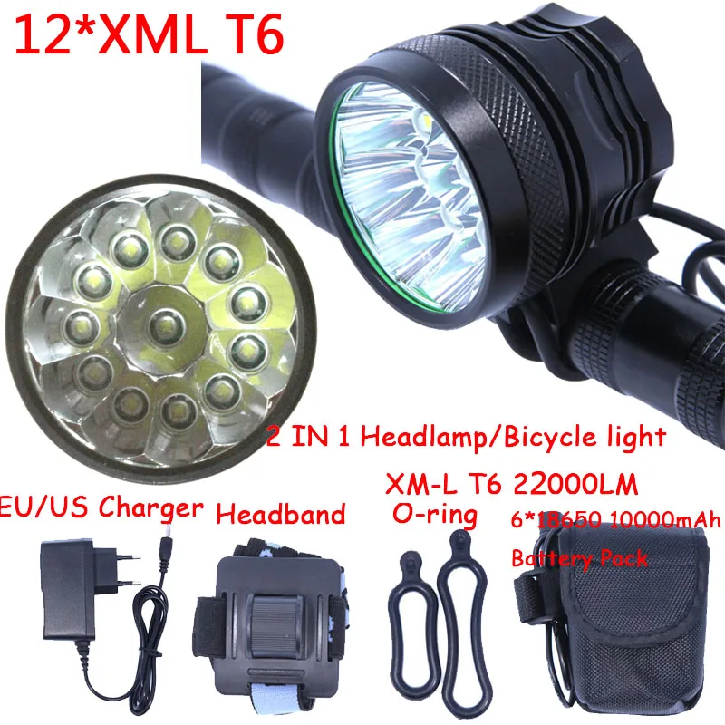 

12t6 2 in 1 Headlamp Headlight 22000 Lumens 12 x XM-L T6 LED Bicycle Light Cycling Bike Head Lamp + 18650 Battery Pack+Charger