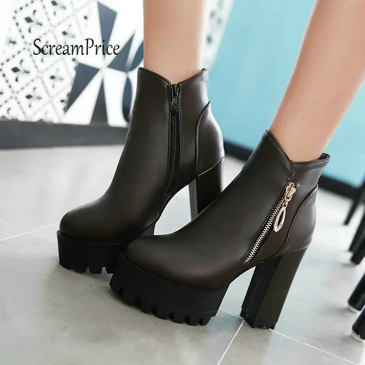

Women's Fashion Boots Thick High Heel Ankle Boots Platform Zip Ladies Shoes Plus Size 43 Brown Black