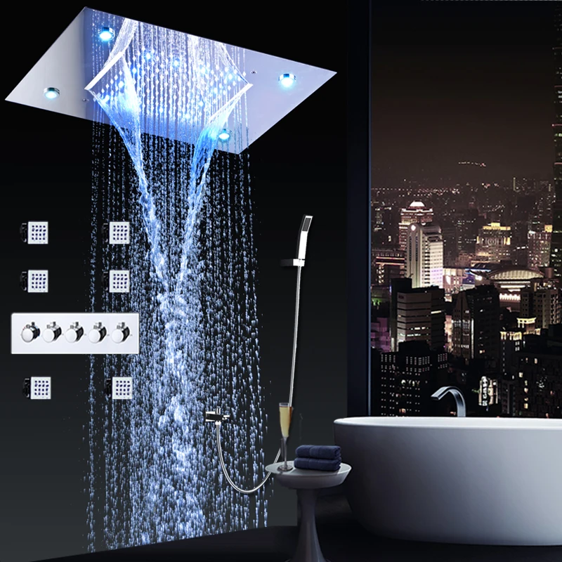 

Bathroom Conealed Shower Set Faucets Panel Hot and cold Water Mixer LED Ceiling Showerhead Rainfall Waterfall Bath Body Jets